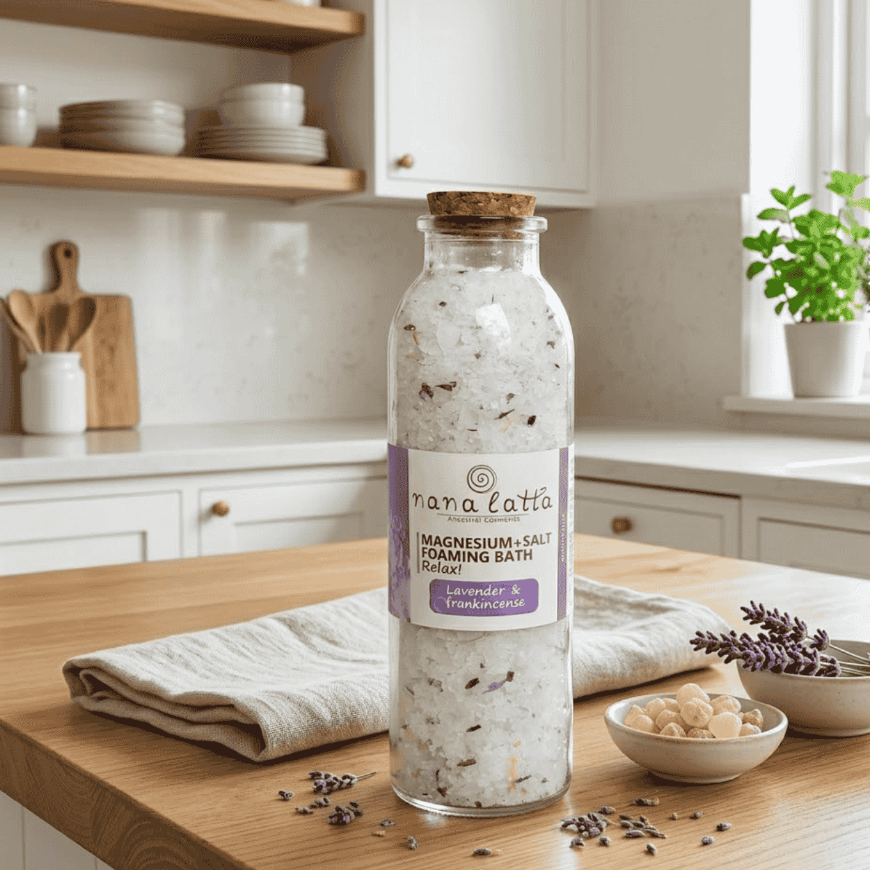 Vysoká skleněná lahev s koupelovou solí „Magnesium + Salt Foaming Bath Relax! Lavender & Frankincense“ na dřevěném stole, obklopená lněnou utěrkou, miskami s květy levandule a kousky kadidla v interiéru bílé kuchyně.